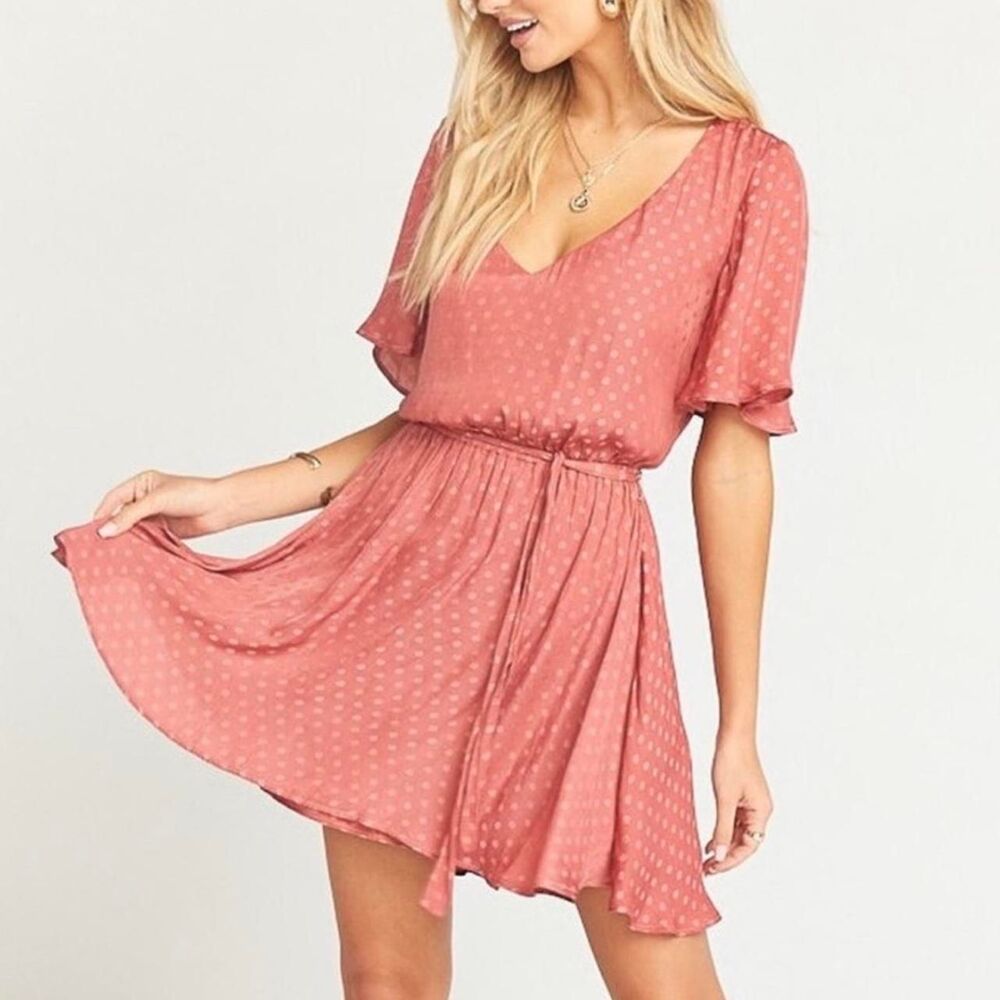 Show Me Your Mumu Pink Polka Dot Mini Dress Flutter Sleeve Tie Waist Small